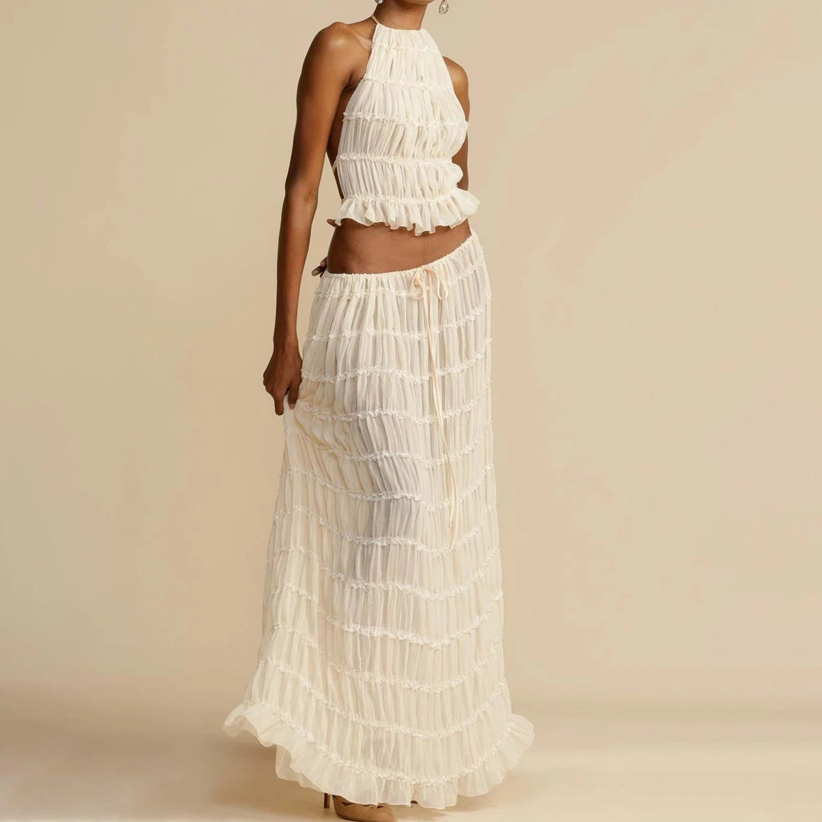 Women's Halter Crop Top and Pleated Maxi Skirt Set (photo 2)