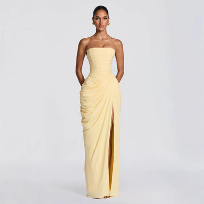 Women's Strapless Pleated Maxi Dress with Slit (photo 3)