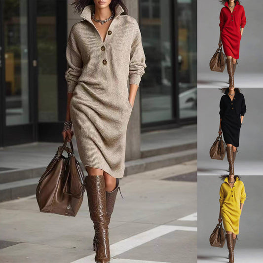 Women's Stand-Collar V-Neck Sweater Dress