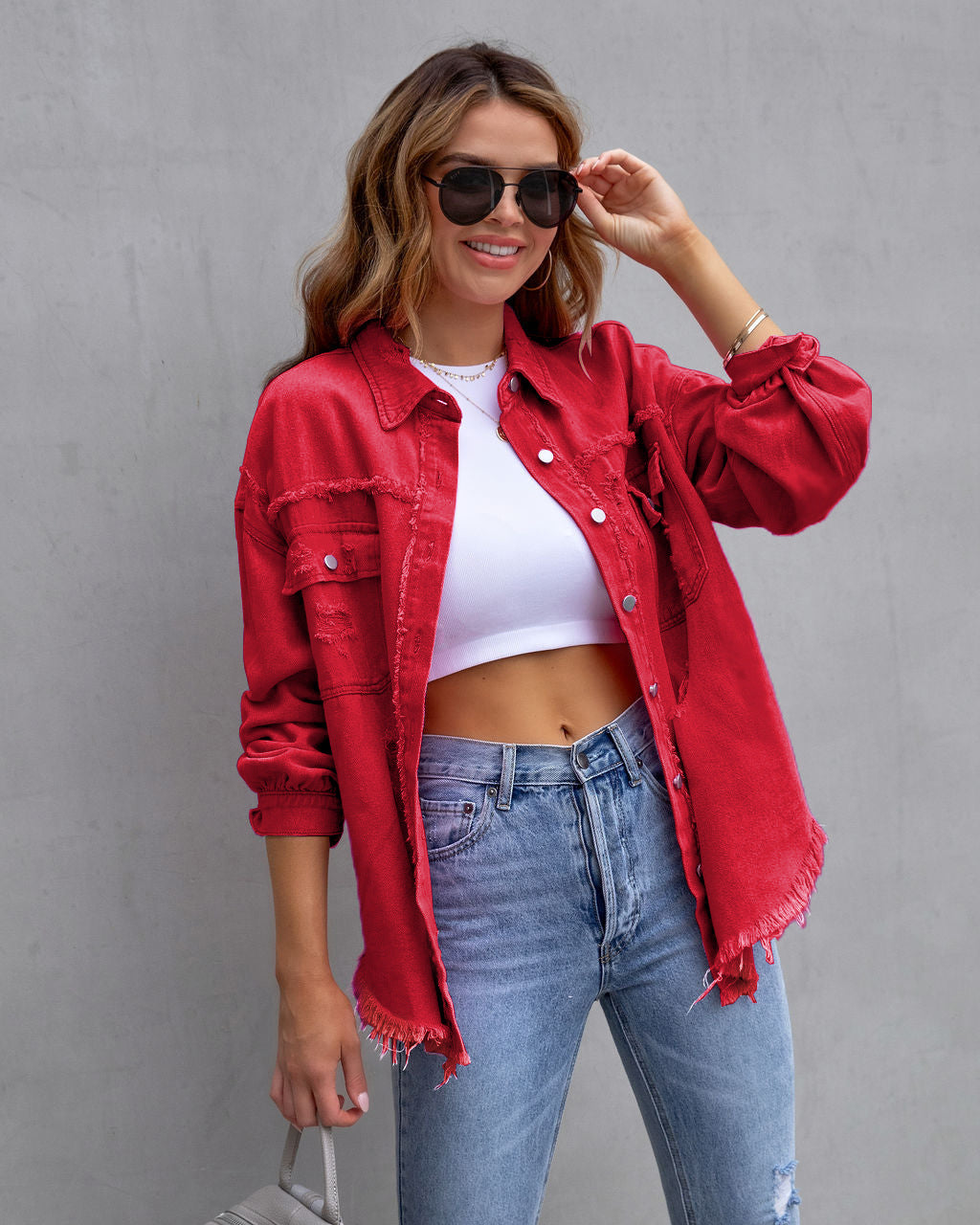 Women's Loose Distressed Shirt Jacket (photo 13)