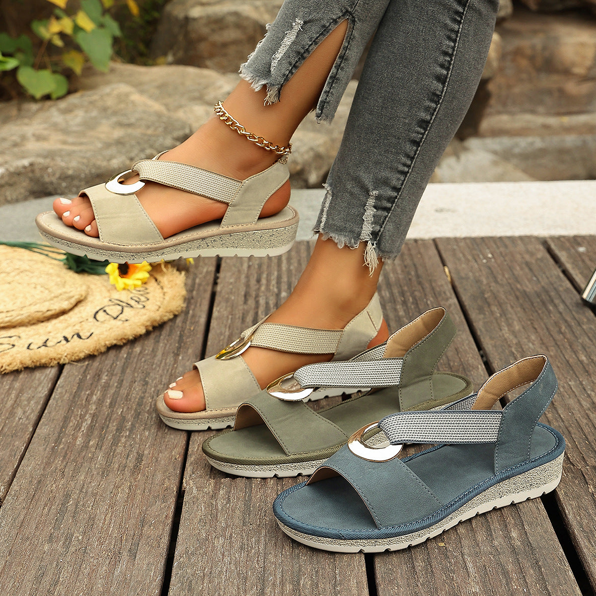 Women's Open-Toe Wedge Sandals with Elastic Strap (photo 2)