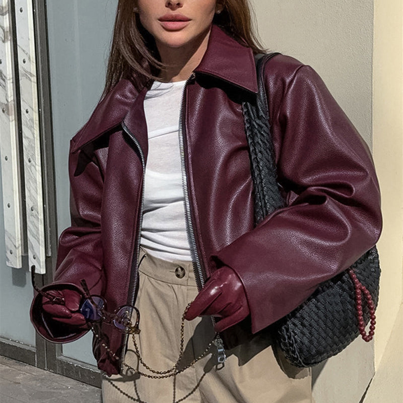Women's Faux Leather Lapel Zip Jacket (photo 3)