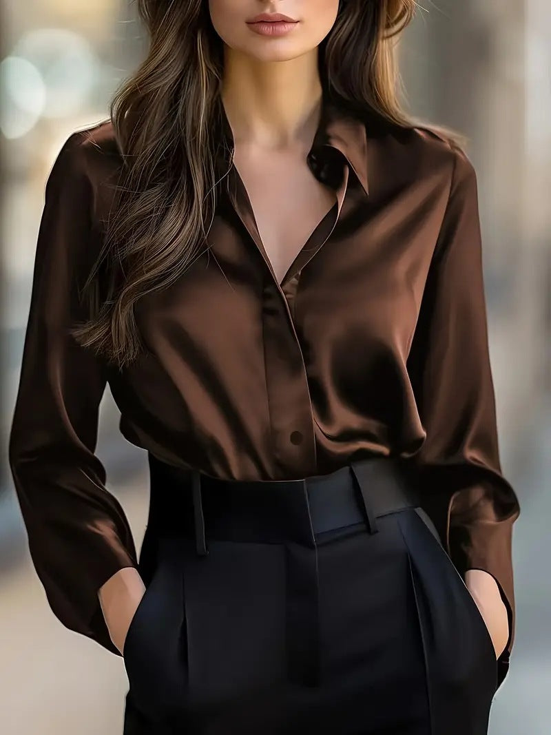 Women's Satin Button-Up Long-Sleeve Blouse (photo 7)