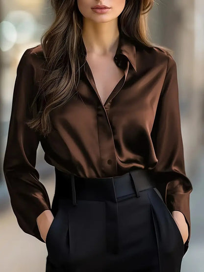 Women's Satin Button-Up Long-Sleeve Blouse (photo 7)