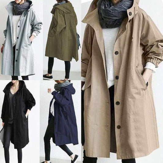 Women's Hooded Long Windbreaker with Buttons