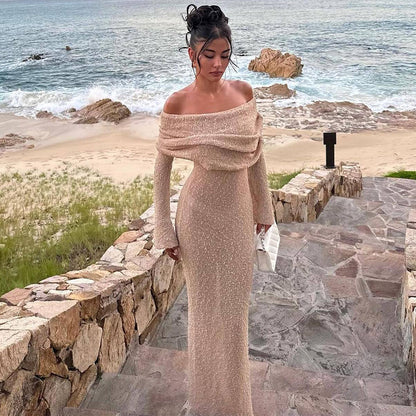 Women's One-Shoulder Long-Sleeve Knit Maxi Dress (photo 6)