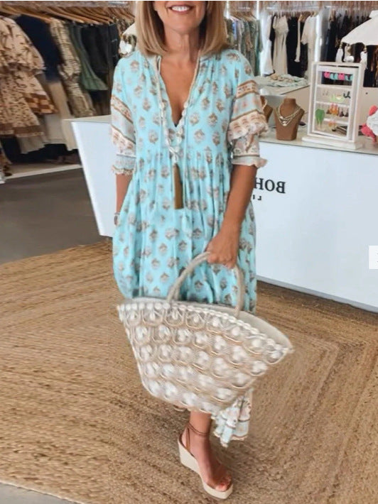 Women's Boho Print Lantern-Sleeve Ruffle Maxi Dress (photo 5)