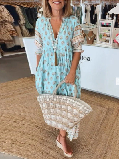 Women's Boho Print Lantern-Sleeve Ruffle Maxi Dress (photo 5)