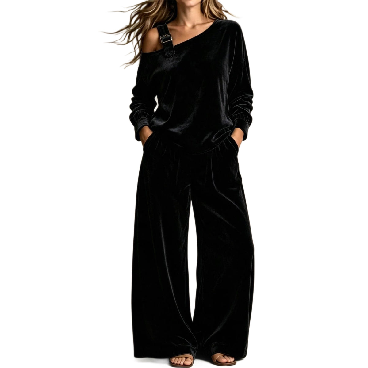 Women's Off-Shoulder Velvet Two-Piece Set with Pants (photo 11)