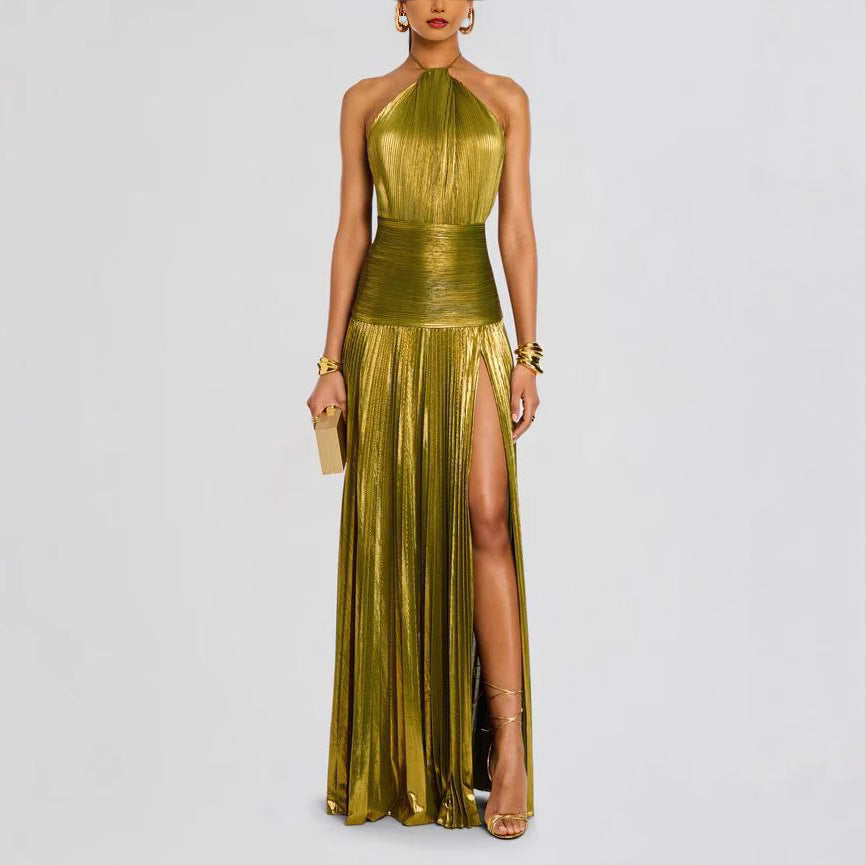 Women's Pleated Halter-Neck Maxi Dress with Slit (photo 7)