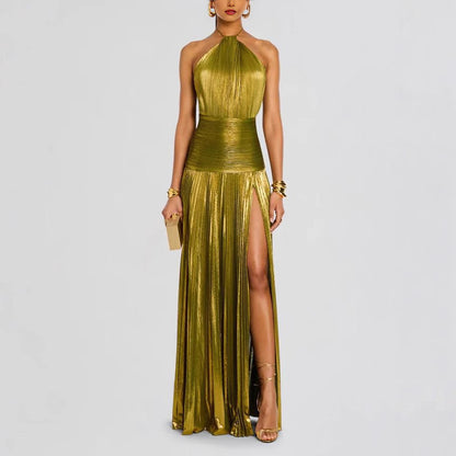 Women's Pleated Halter-Neck Maxi Dress with Slit (photo 7)