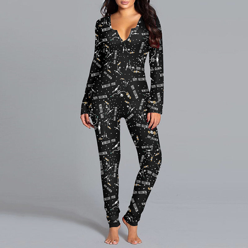 Women's Halloween Print Long-Sleeve Jumpsuit Pajamas (photo 9)