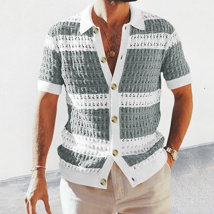 Men's Knit Polo Cardigan Shirt with Cut-Out Pattern (photo 2)