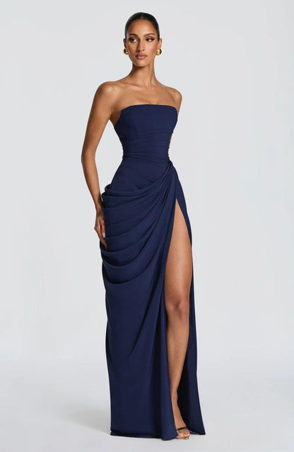 Women's Strapless Pleated Maxi Dress with Slit (photo 6)