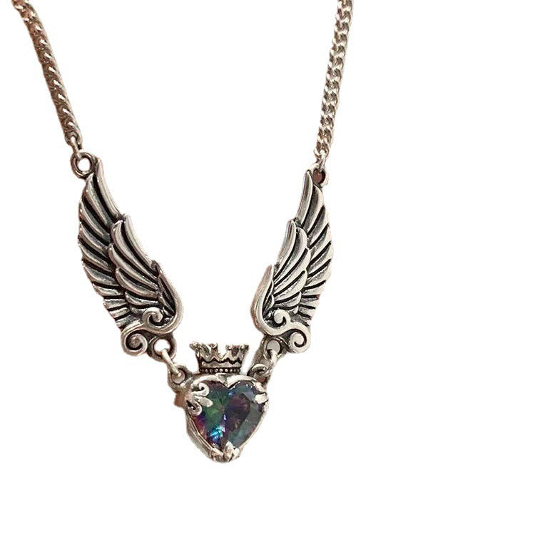 Gothic Heart Crown Angel Wings Pendant Necklace (photo 6)