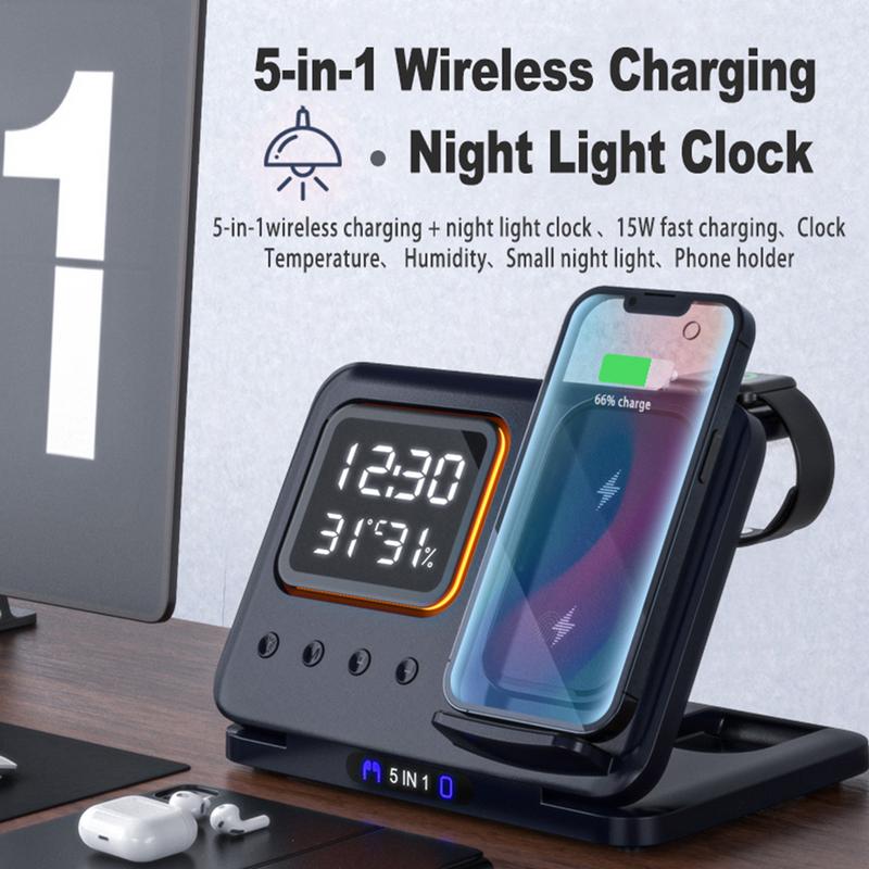 5-in-1 Wireless Charging Station with Digital Alarm Clock