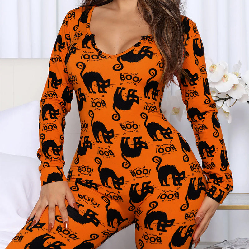 Women's Halloween Print Long-Sleeve Jumpsuit Pajamas (photo 2)
