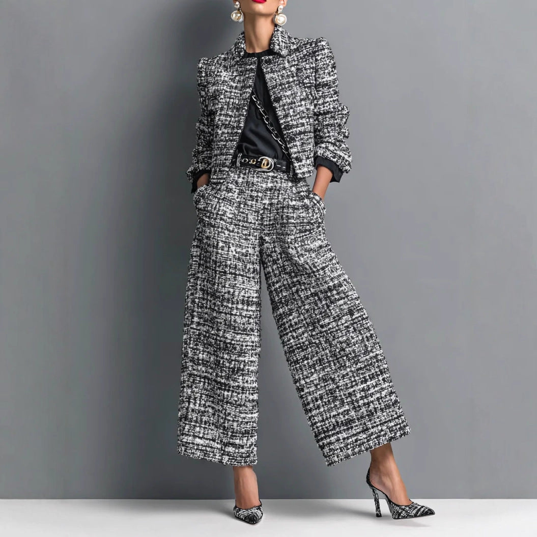 Women's Plaid Cropped Blazer and Wide-Leg Pants Set