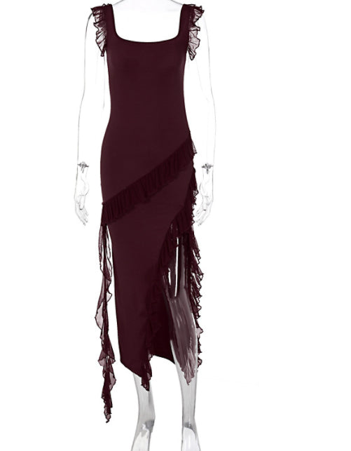 Women's Ruffle High-Slit Square-Neck Maxi Dress