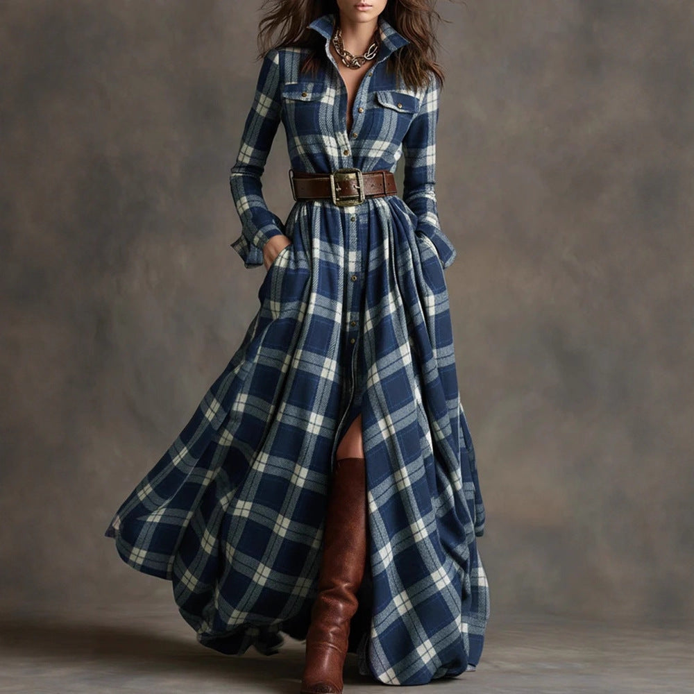 Women's Plaid Long-Sleeve Shirt Dress with Pockets (photo 2)