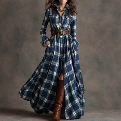 Women's Plaid Long-Sleeve Shirt Dress with Pockets (photo 2)