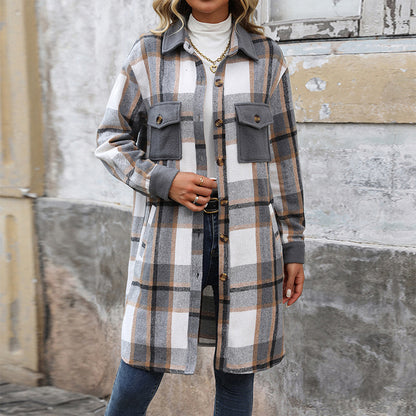 Women's Brushed Plaid Long Coat with Pockets (photo 4)
