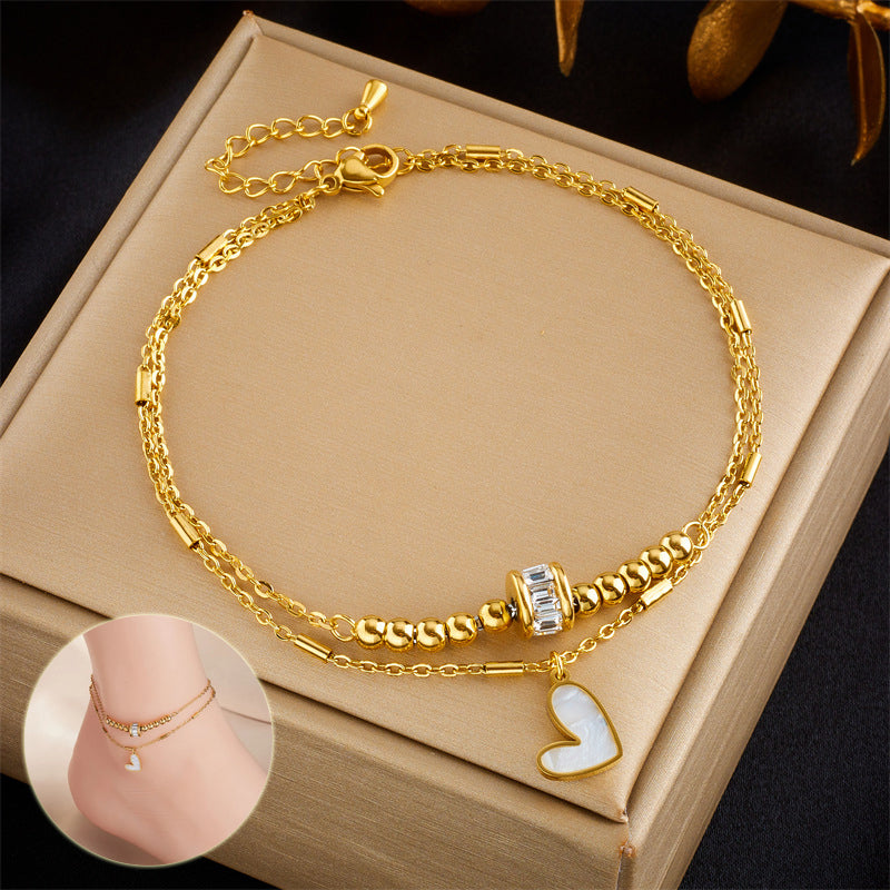 Double-Layer Heart Charm Anklet