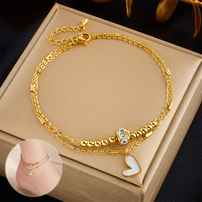 Double-Layer Heart Charm Anklet