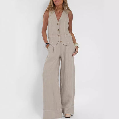 Women's Sleeveless V-Neck Vest and Straight Pants Set (photo 12)