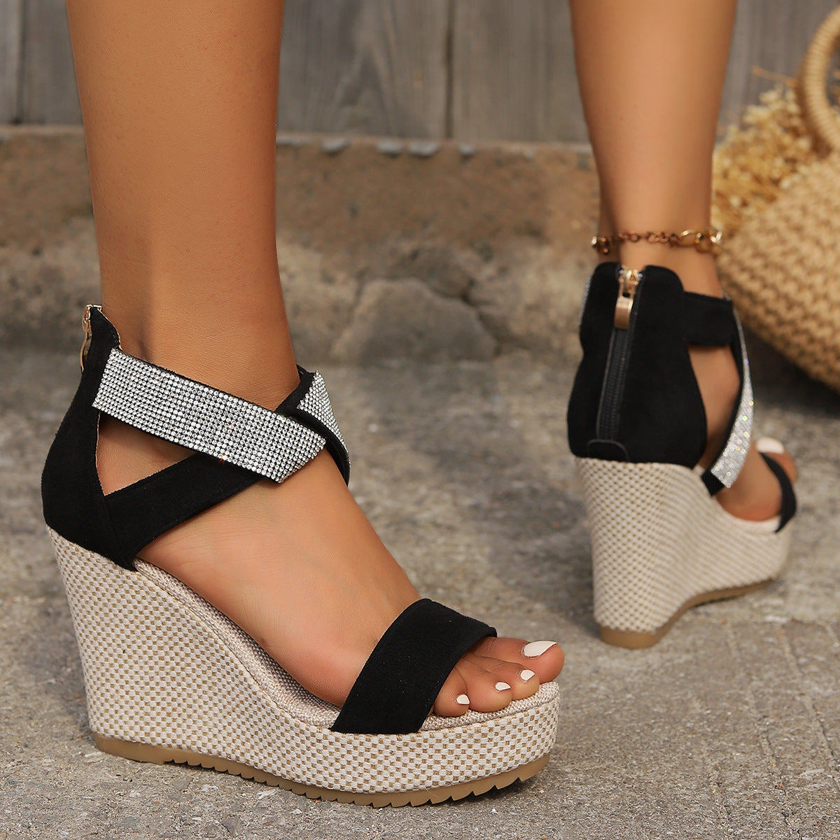 Women's Rhinestone Peep-Toe Platform Wedge Sandals (photo 6)
