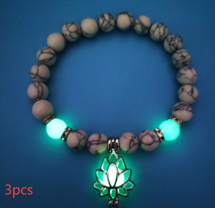Glow-in-the-Dark Lotus Charm Beaded Bracelet – B, 3-Pack