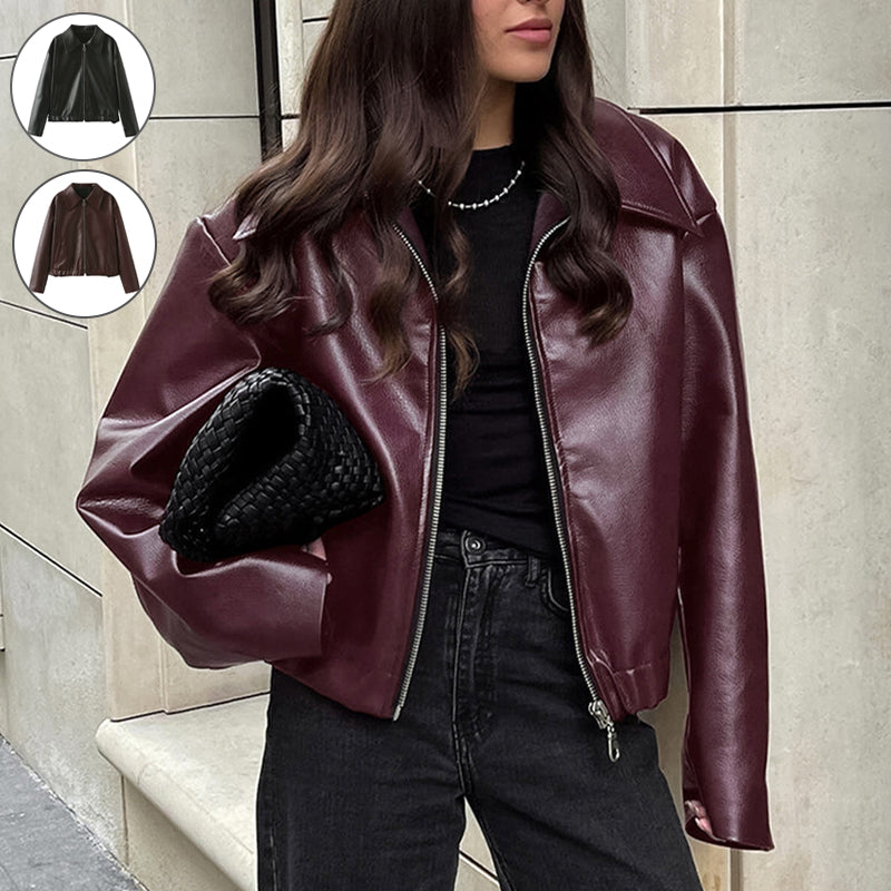 Women's Faux Leather Lapel Zip Jacket