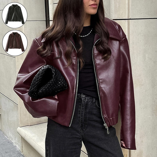 Women's Faux Leather Lapel Zip Jacket