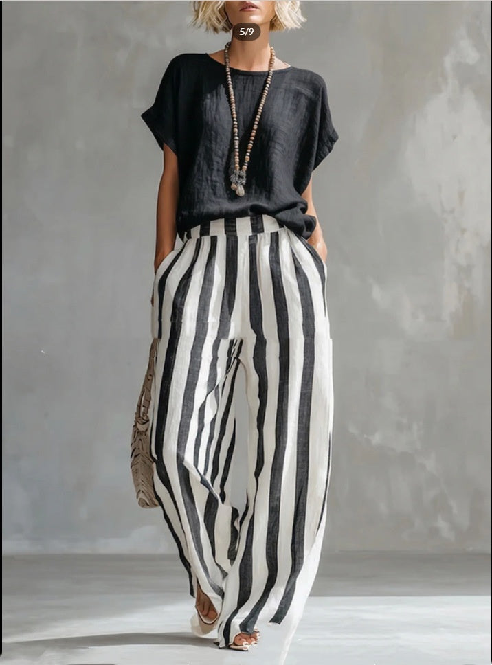 Women's Short-Sleeve T-Shirt and Striped Wide Pants Set (photo 2)