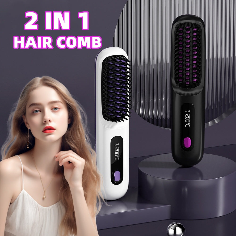2-in-1 Cordless Hair Straightener Brush, USB Rechargeable