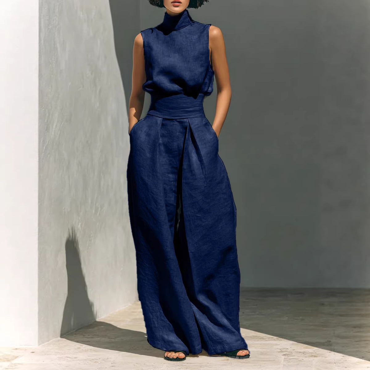Women's Sleeveless Stand-Collar Top and Wide Pants Set (photo 3)
