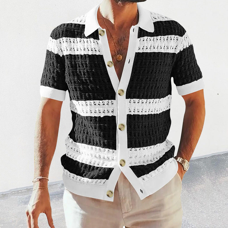 Men's Knit Polo Cardigan Shirt with Cut-Out Pattern (photo 3)