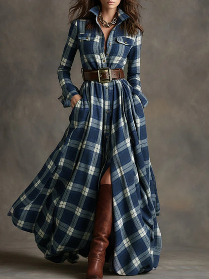 Women's Plaid Long-Sleeve Shirt Dress with Pockets (photo 10)