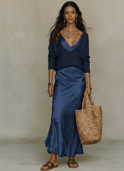 Women's Satin Slip Maxi Dress and Knit Top Two-Piece Set (photo 16)
