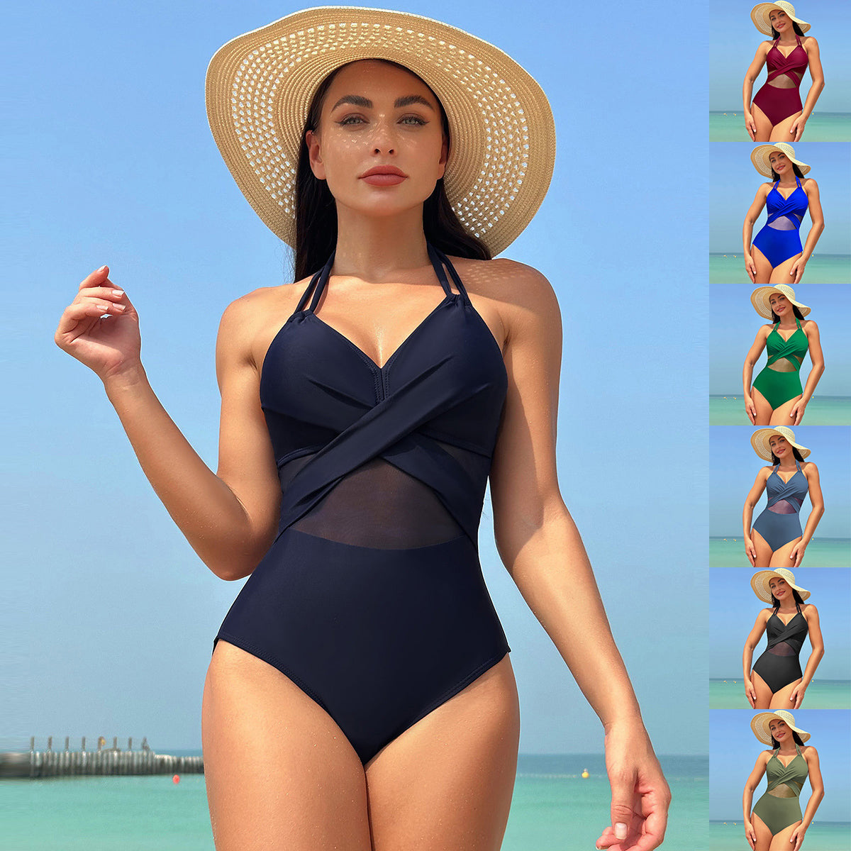 Women's Halter Cross-Strap One-Piece Swimsuit