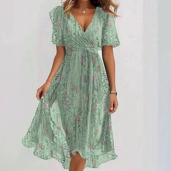 Women's Printed Chiffon V-Neck Short-Sleeve Dress (photo 11)