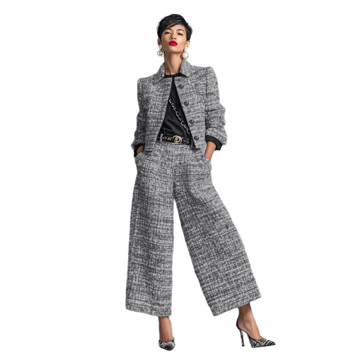 Women's Plaid Cropped Blazer and Wide-Leg Pants Set (photo 5)