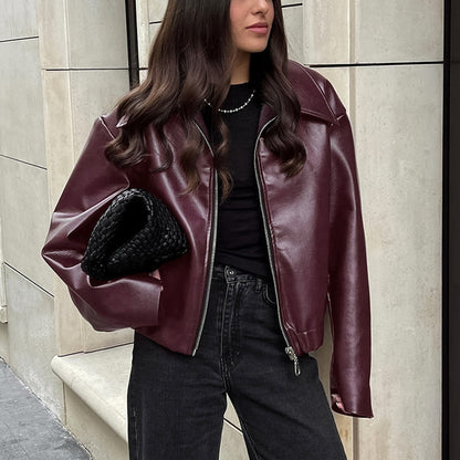 Women's Faux Leather Lapel Zip Jacket (photo 8)