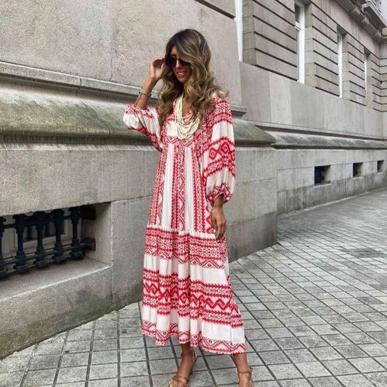 Women's Boho Print V-Neck Short-Sleeve Long Dress (photo 10)