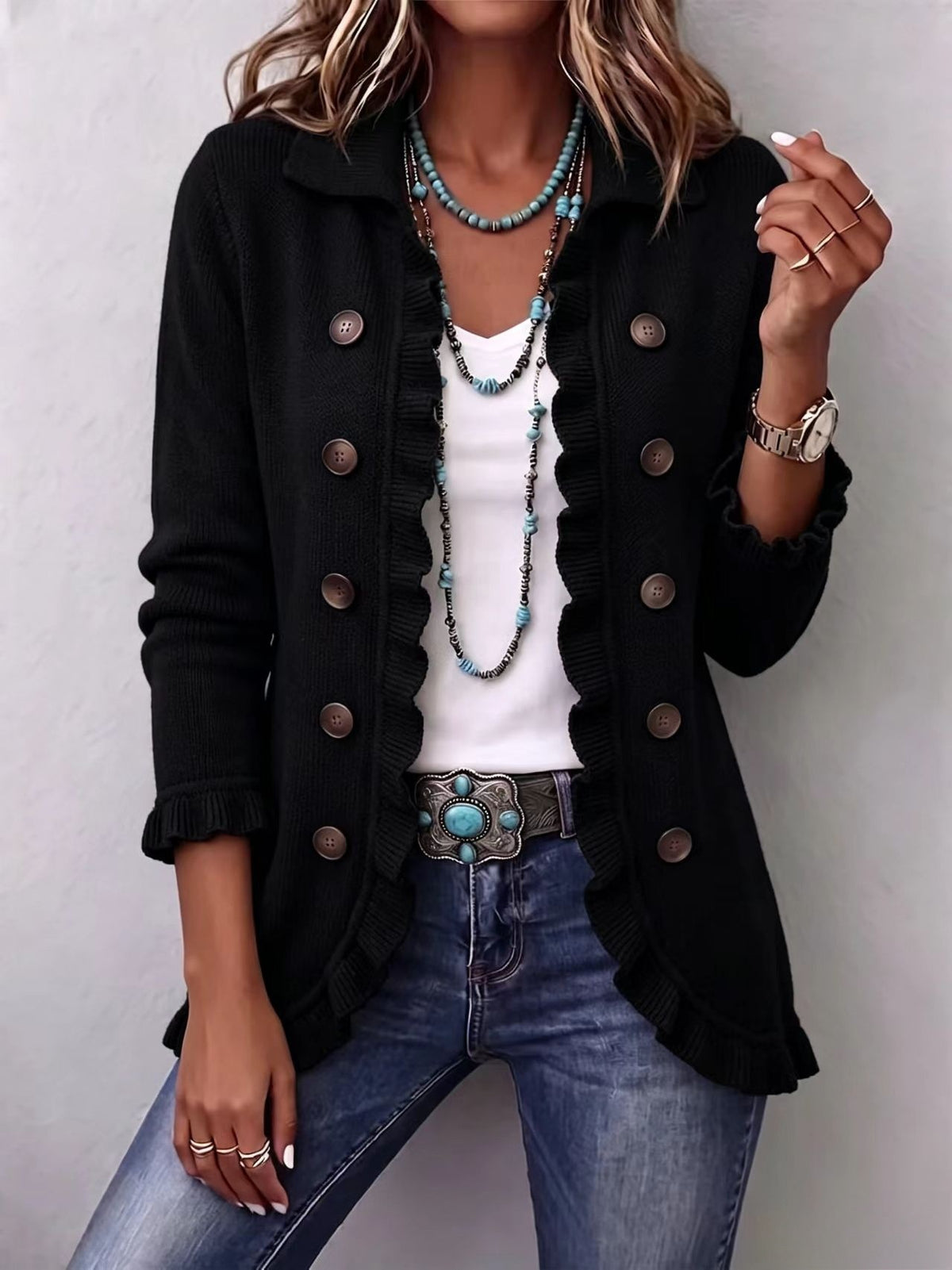 Women's Ruffled Button-Front Knit Cardigan (photo 8)