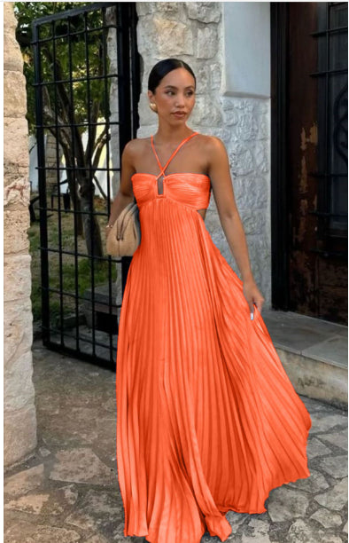 Women's Pleated Halter Maxi Dress with Cut-Out Detail (photo 12)