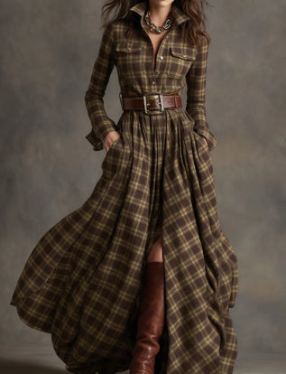 Women's Plaid Long-Sleeve Shirt Dress with Pockets (photo 22)