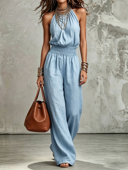 Women's Sleeveless Halter Backless Wide-Leg Jumpsuit (photo 8)