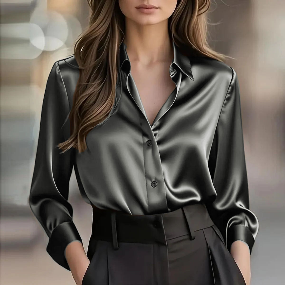 Women's Satin Button-Up Long-Sleeve Blouse (photo 13)