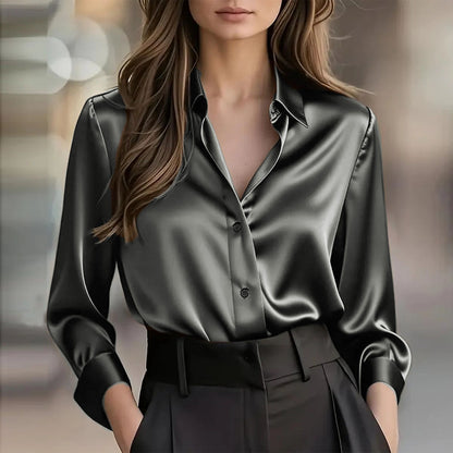 Women's Satin Button-Up Long-Sleeve Blouse (photo 13)